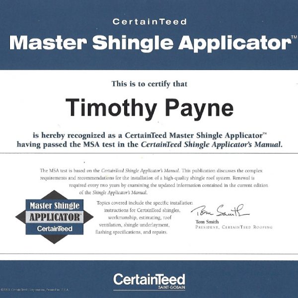 Master Shingle Applicator Certainteed
